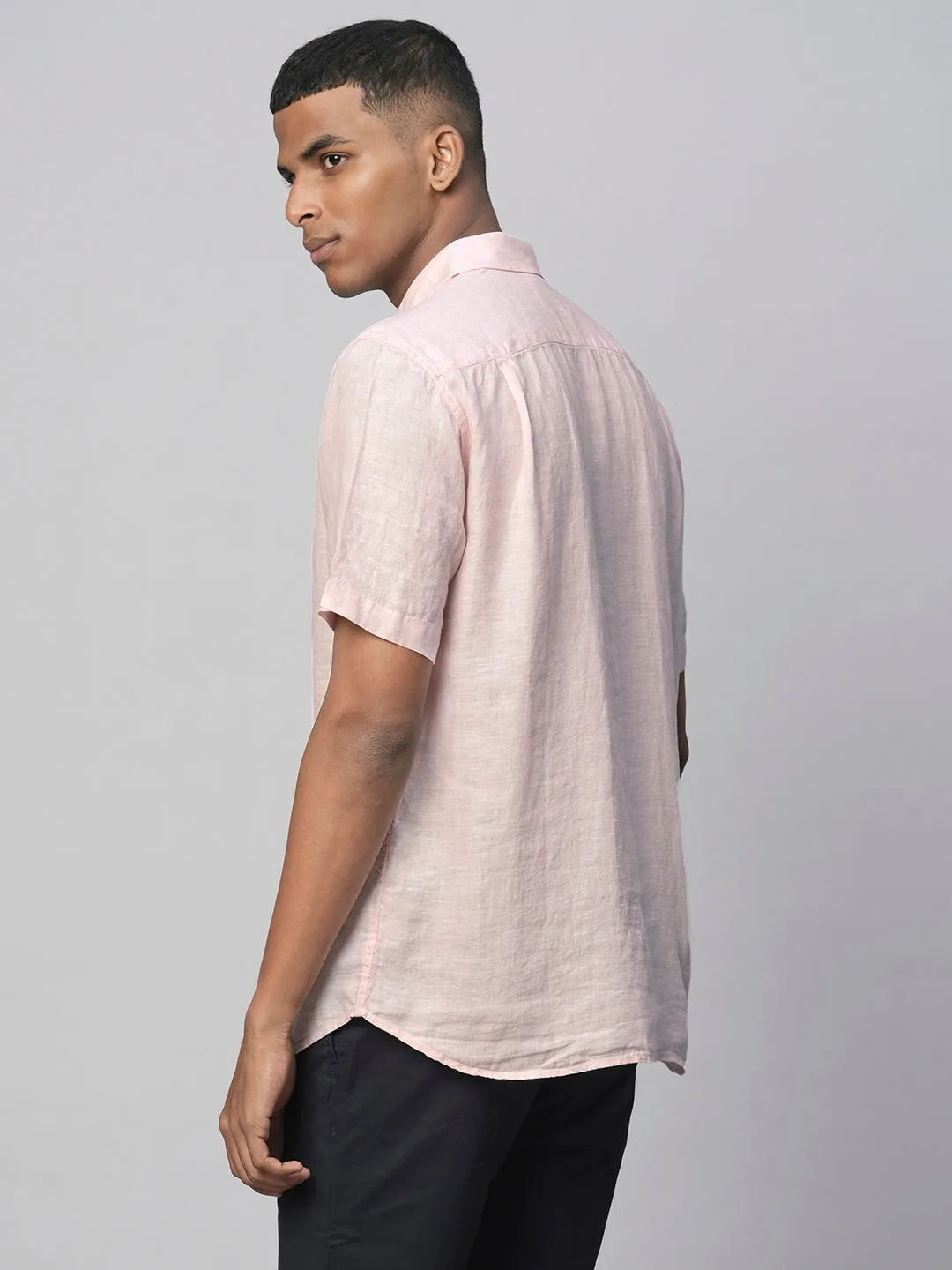 Men's 100% Linen Pink Regular Fit Short Sleeved Shirt