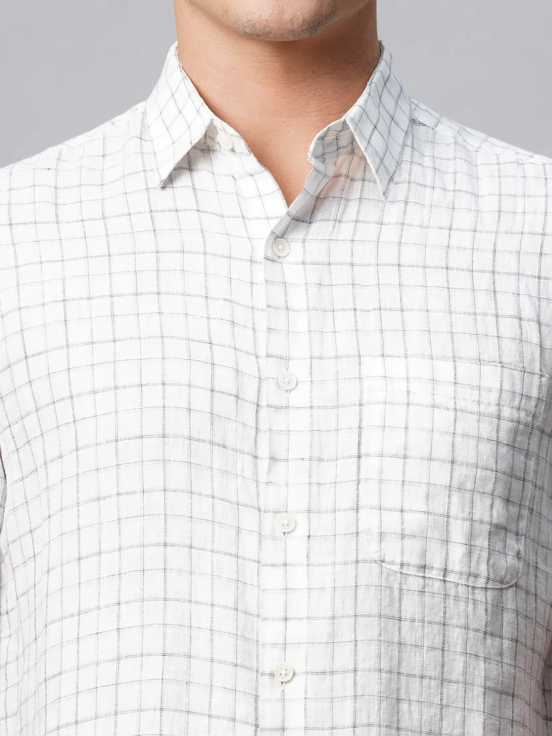 Men's 100% Linen Regular Fit White Checked Shirt