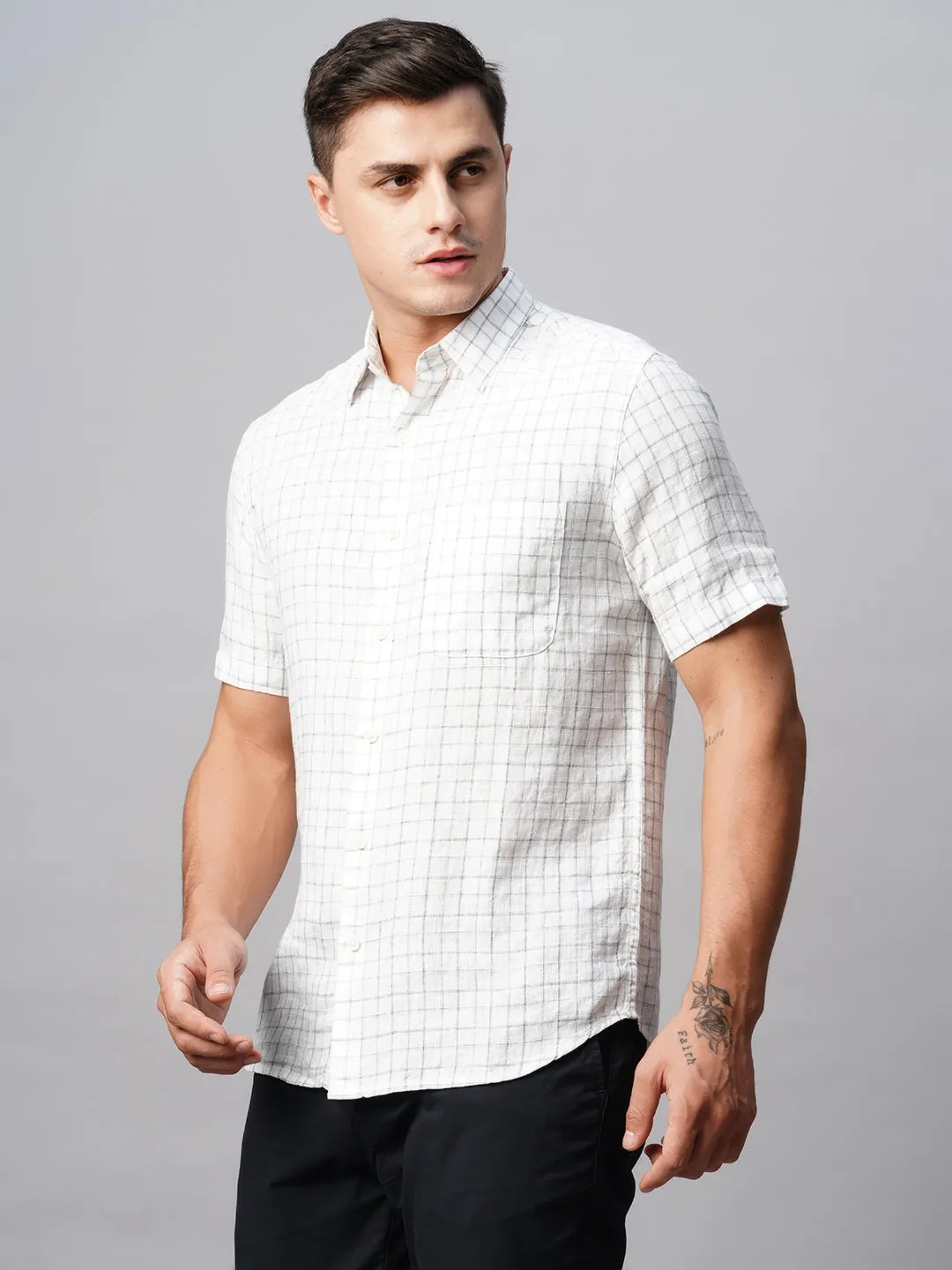 Men's 100% Linen Regular Fit White Checked Shirt