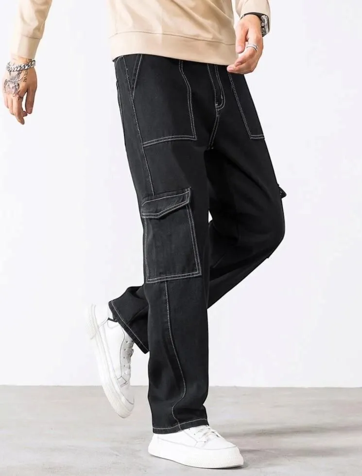 Men's Black Cargo Jeans with Multipocket Design - Cotton Fabric