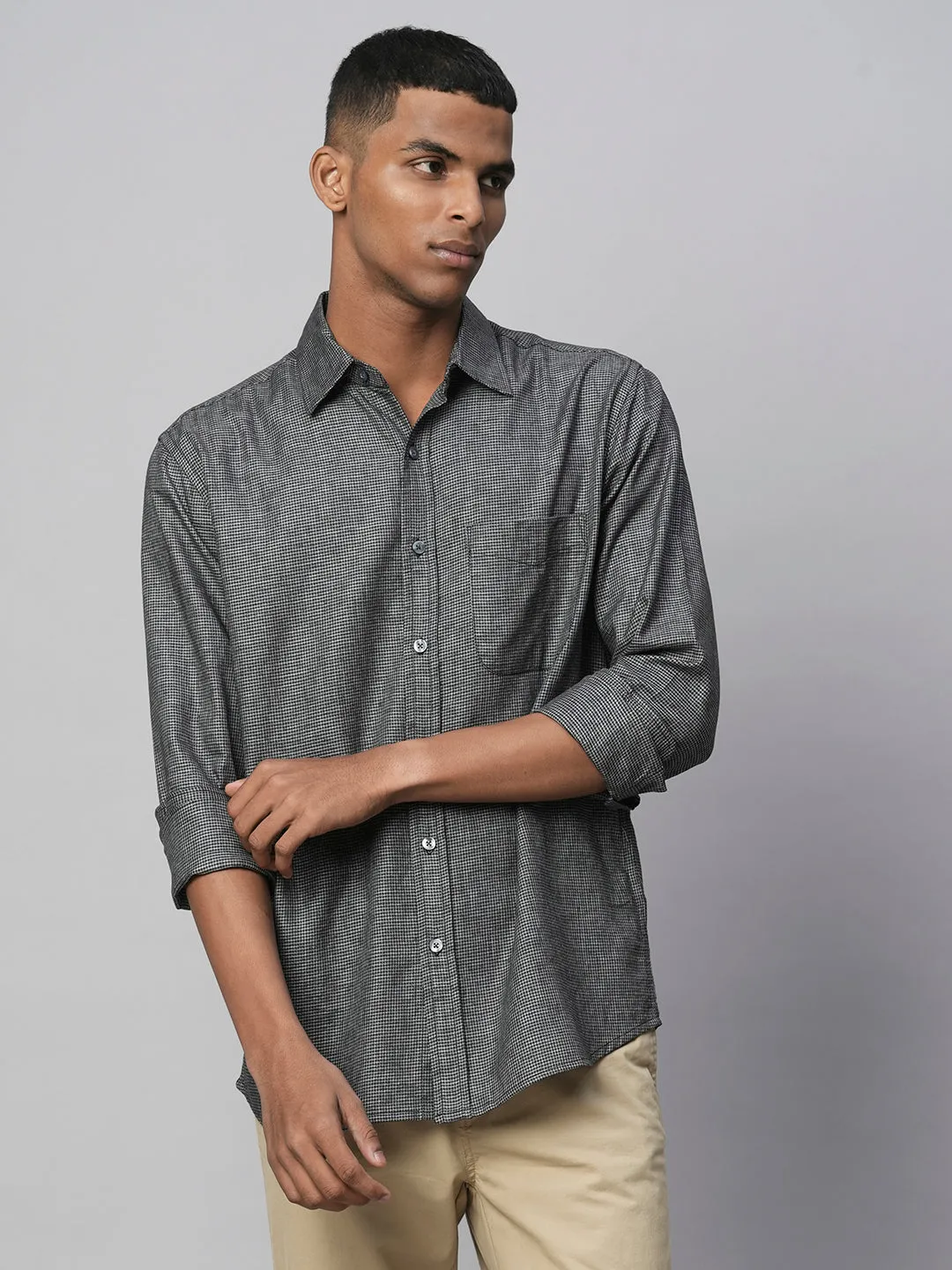 Men's Black Cotton Regular Fit Checked Shirt