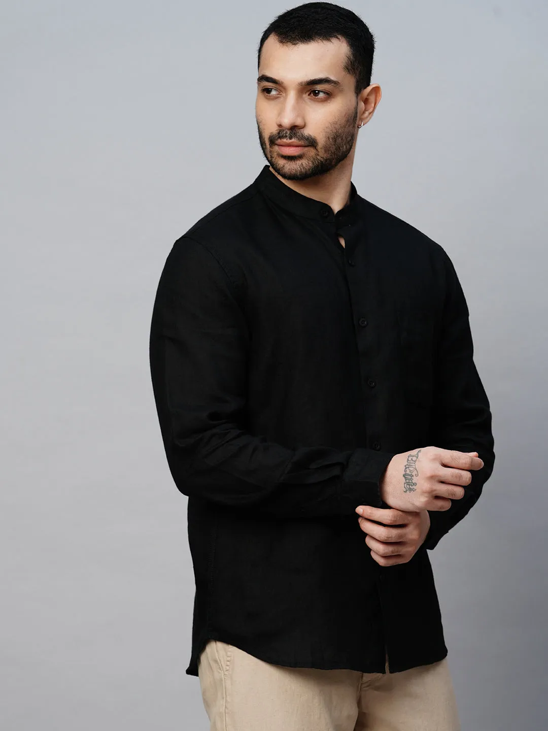 Men's Black Linen Regular Fit Shirt