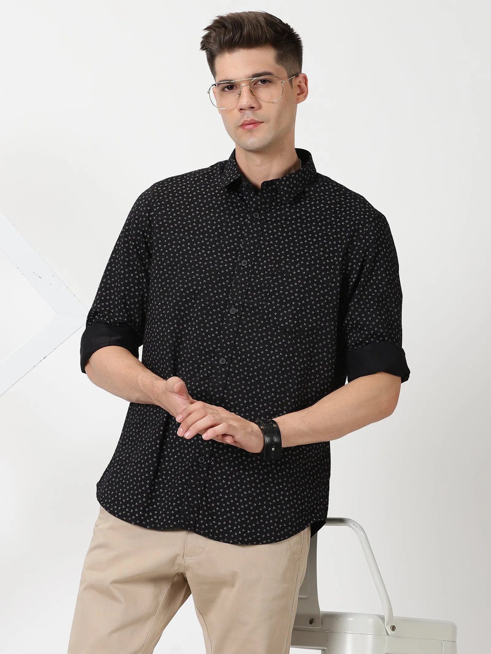 MEN'S BLACK PRINT SLIM FIT SHIRT