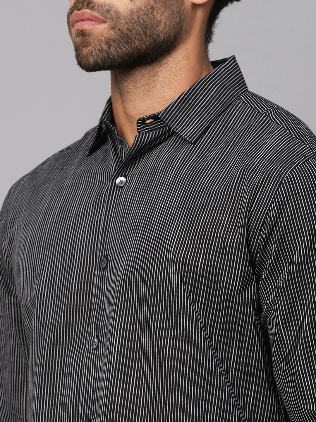 Men's Black/White Cotton Slim Fit Striped Shirt