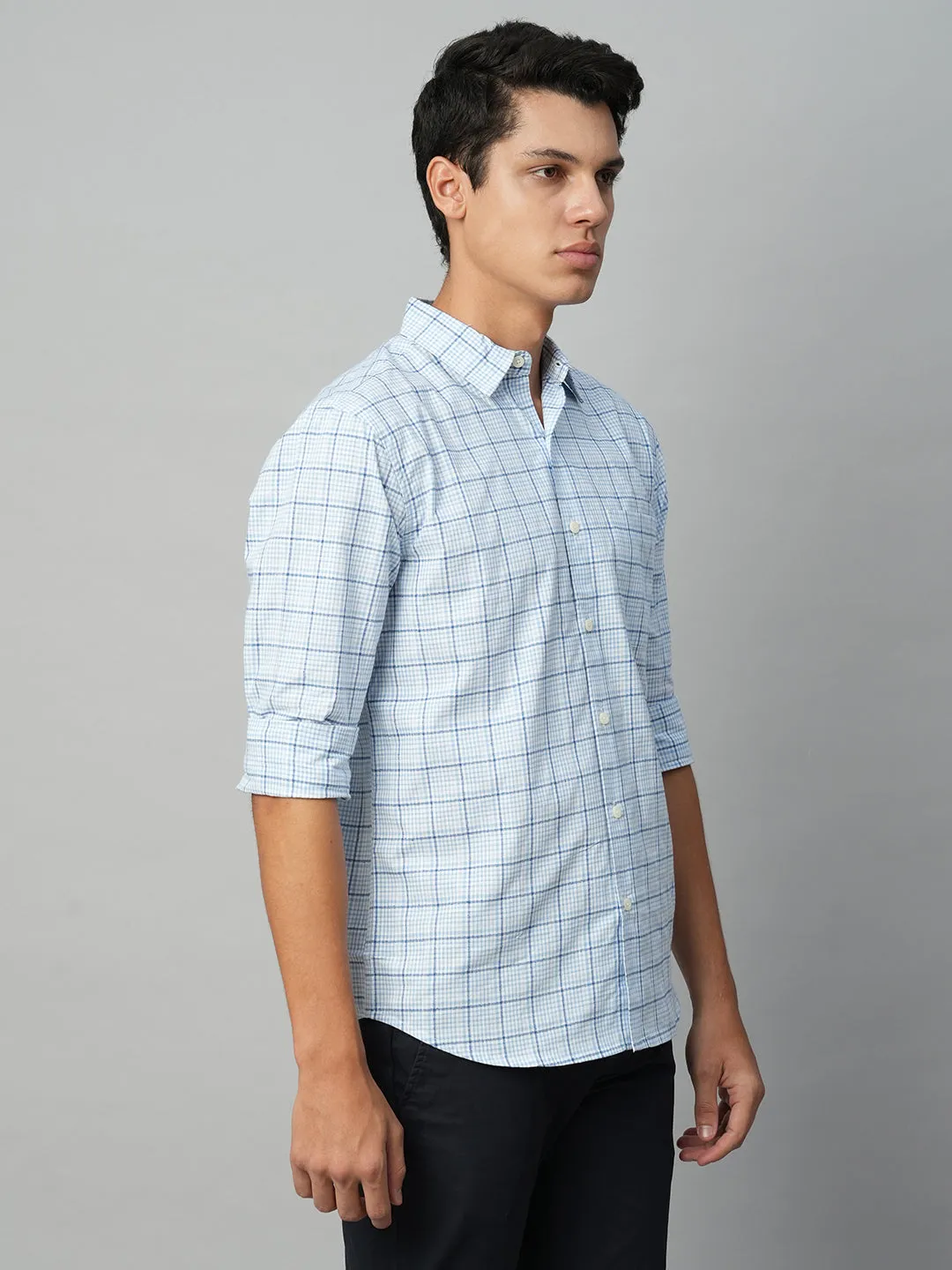 Men's Blue Cotton Regular Fit Checked Shirt