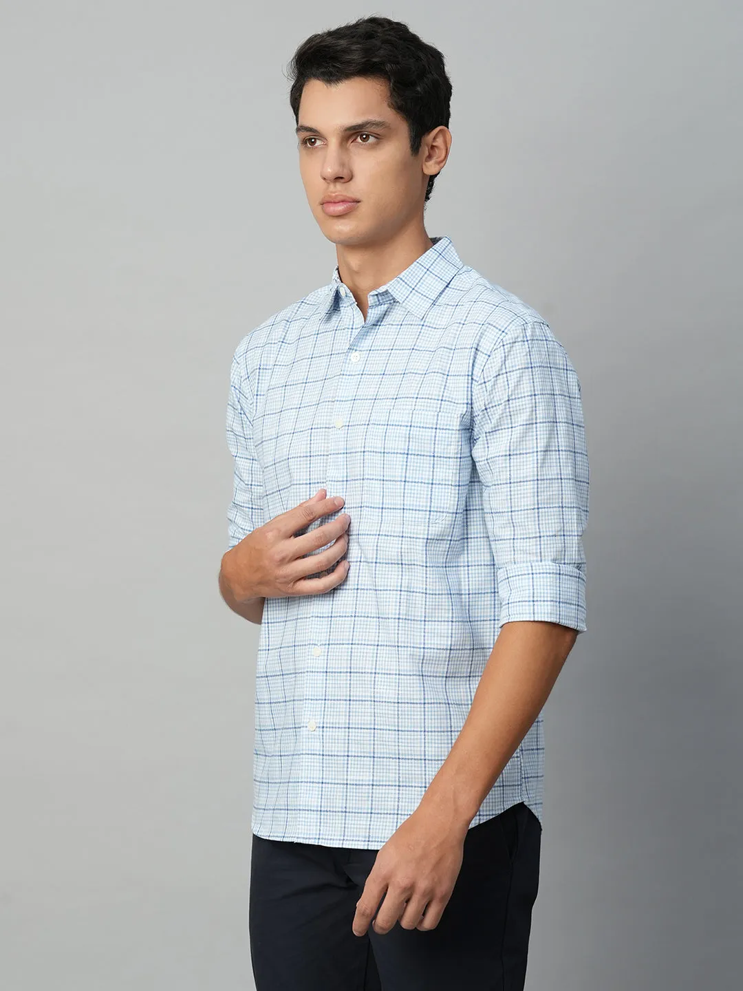 Men's Blue Cotton Regular Fit Checked Shirt