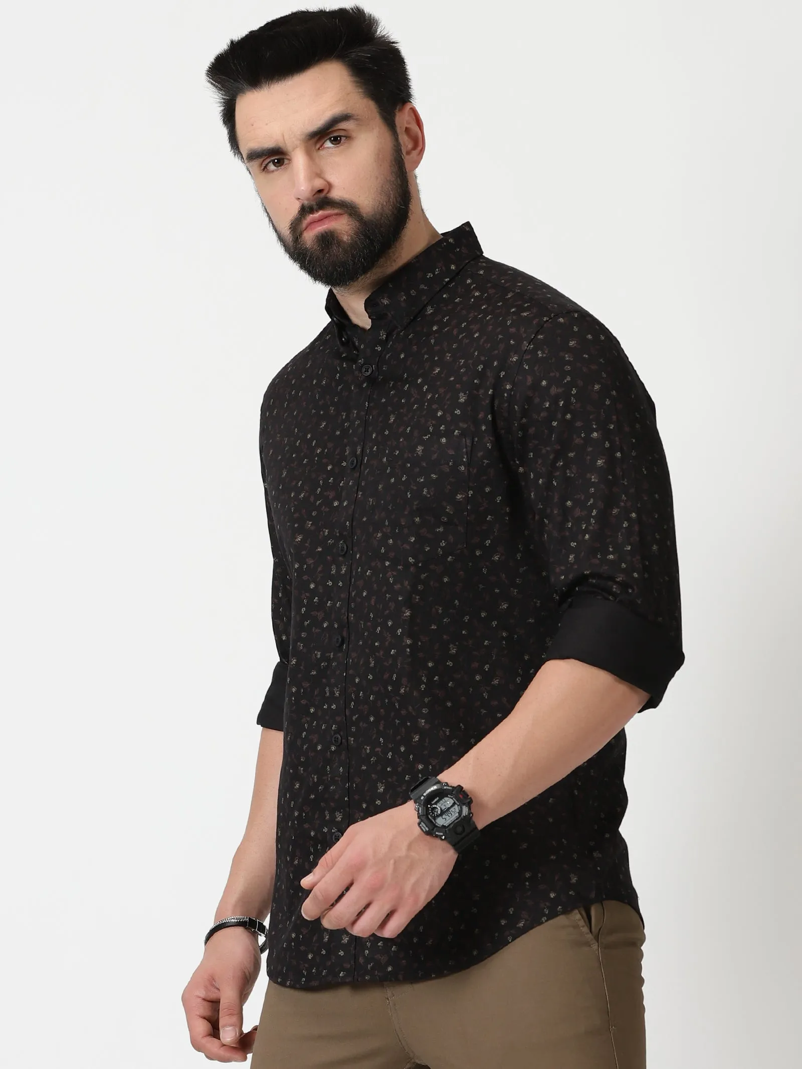 MEN'S BROWN PRINT SLIM FIT SHIRT