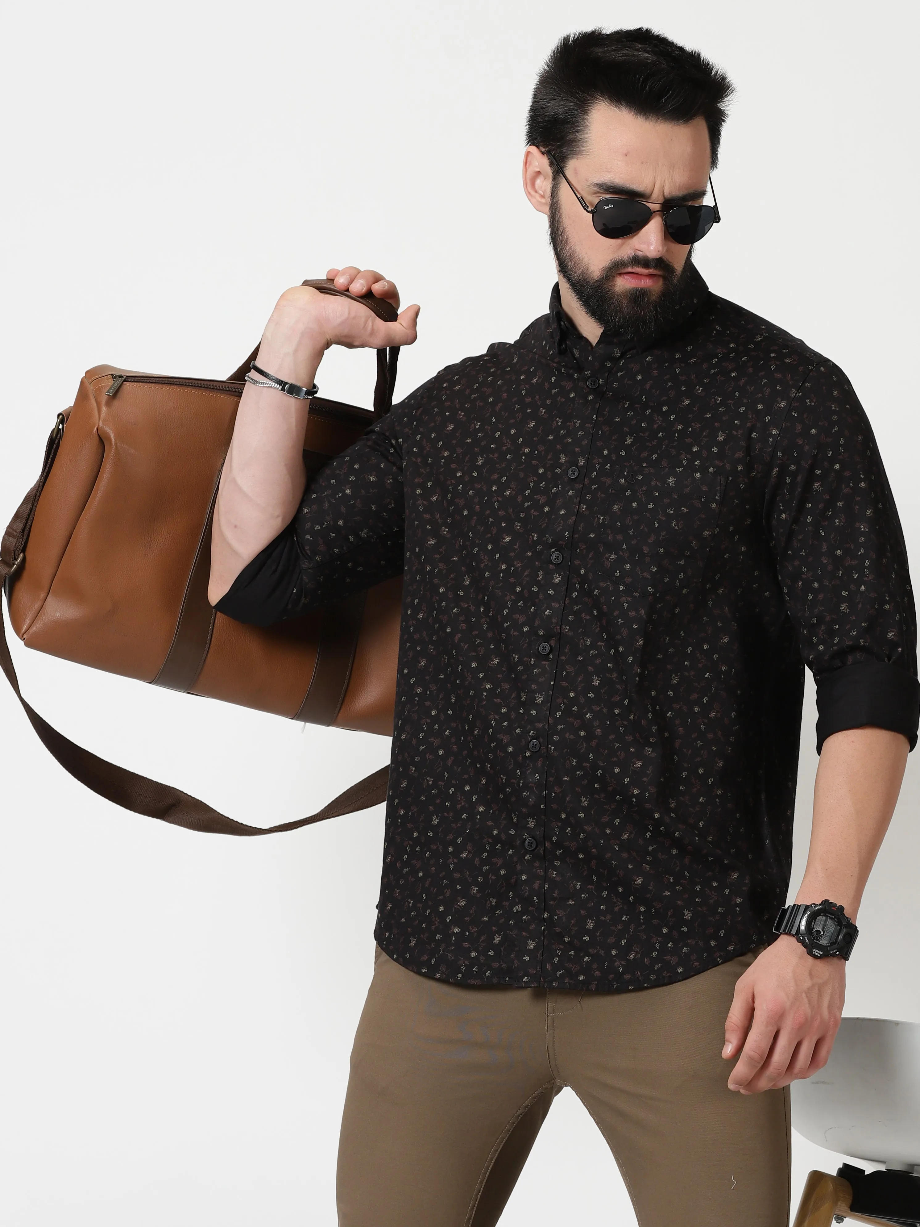 MEN'S BROWN PRINT SLIM FIT SHIRT