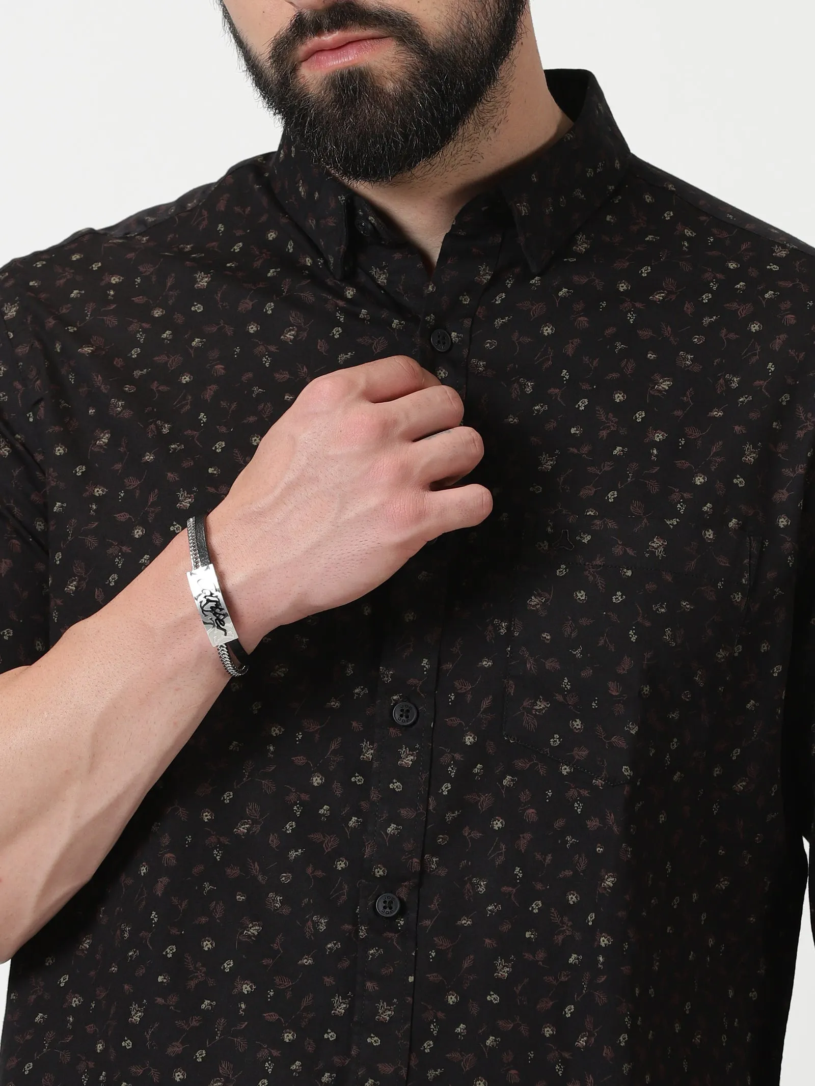 MEN'S BROWN PRINT SLIM FIT SHIRT