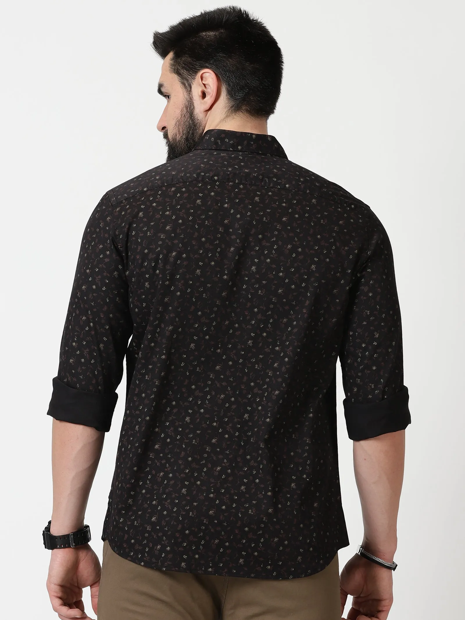 MEN'S BROWN PRINT SLIM FIT SHIRT