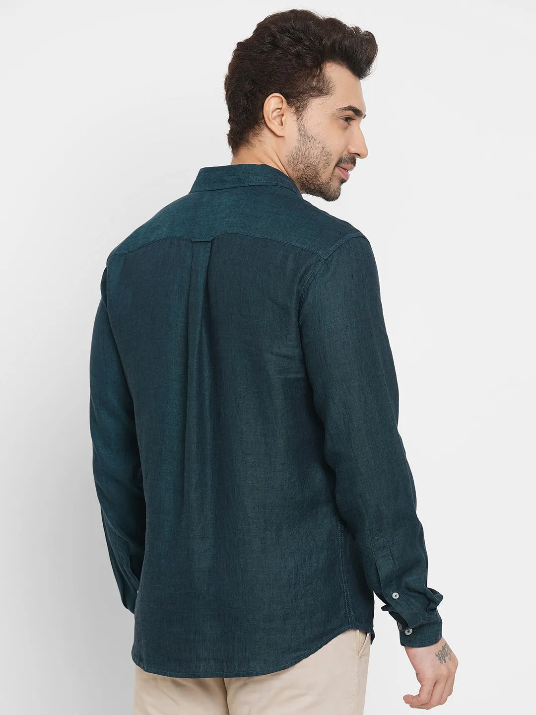 Men's Dark Green 100% Linen Regular Fit Long Sleeved Shirt