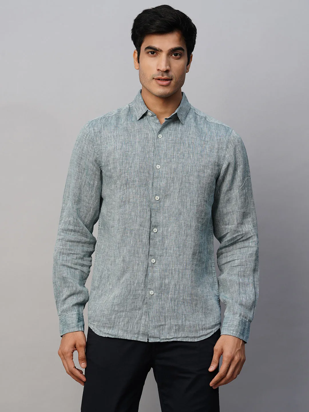 Men's Green 100% Linen Slim Fit Long Sleeved Shirt