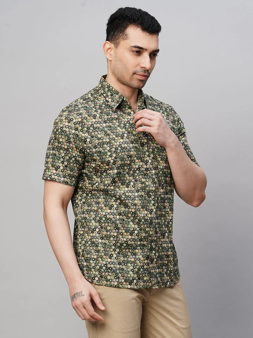 Men's Green Cotton Regular Fit Printed Shirt