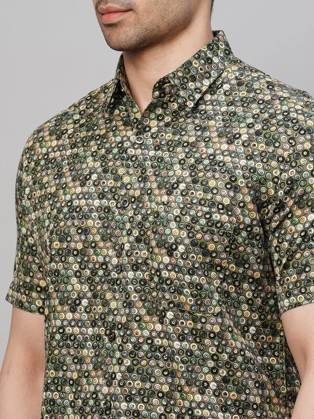 Men's Green Cotton Regular Fit Printed Shirt