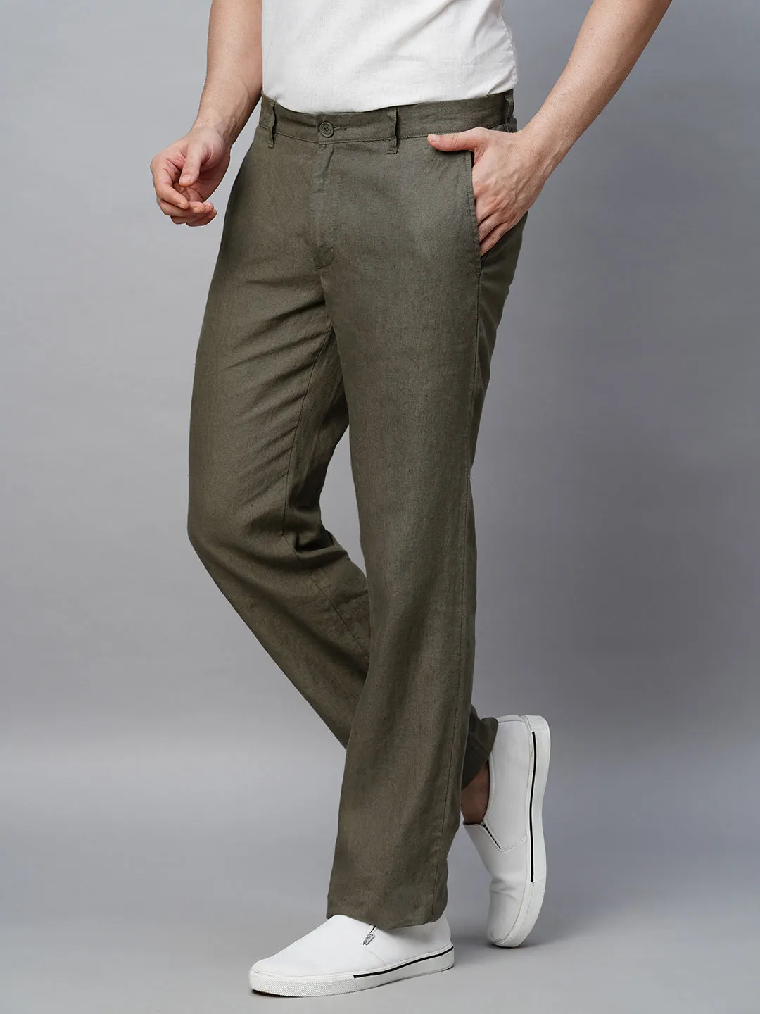 Men's Grey 100% Linen Regular Fit Pant