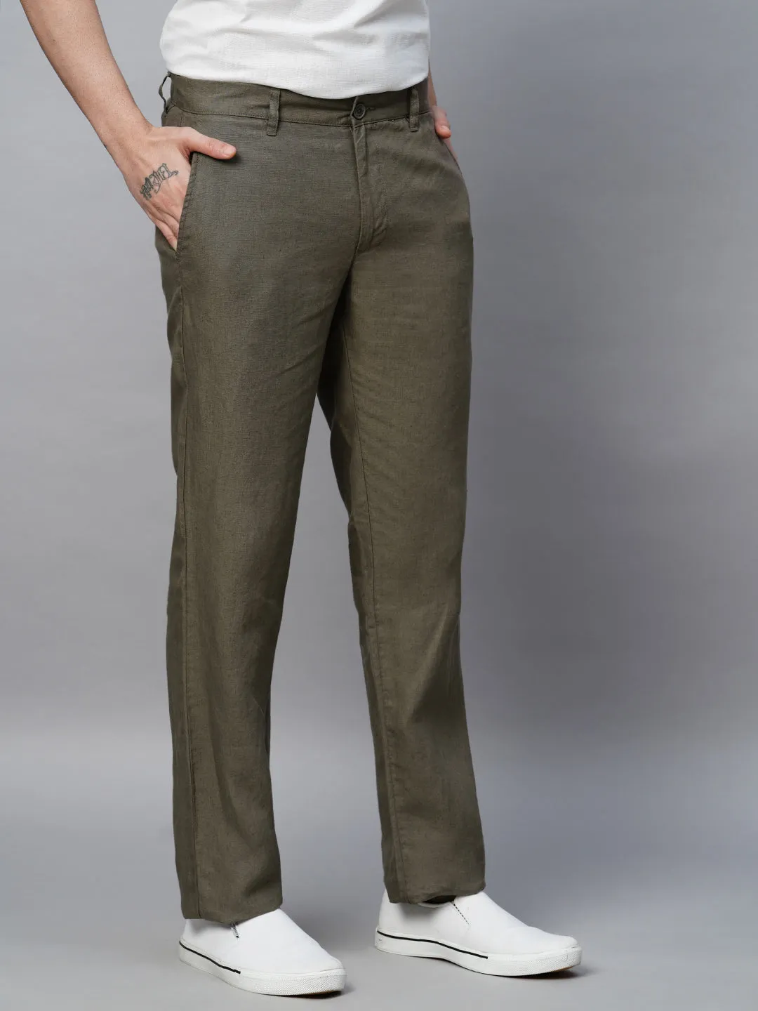 Men's Grey 100% Linen Regular Fit Pant