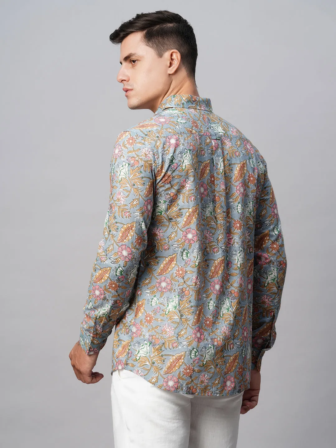 Men's Grey Cotton Regular Fit Printed Shirt