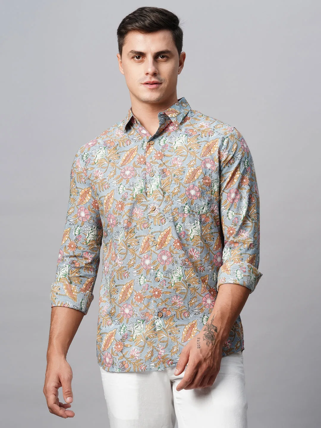 Men's Grey Cotton Regular Fit Printed Shirt