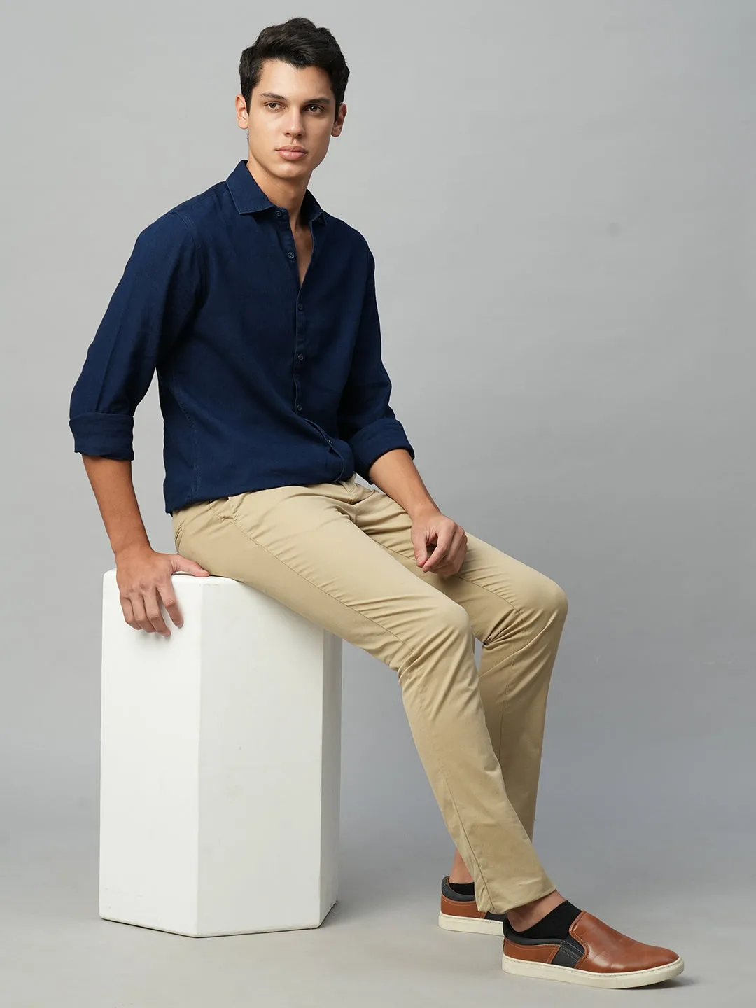 Men's Khaki Cotton Lycra Slim Fit Pant