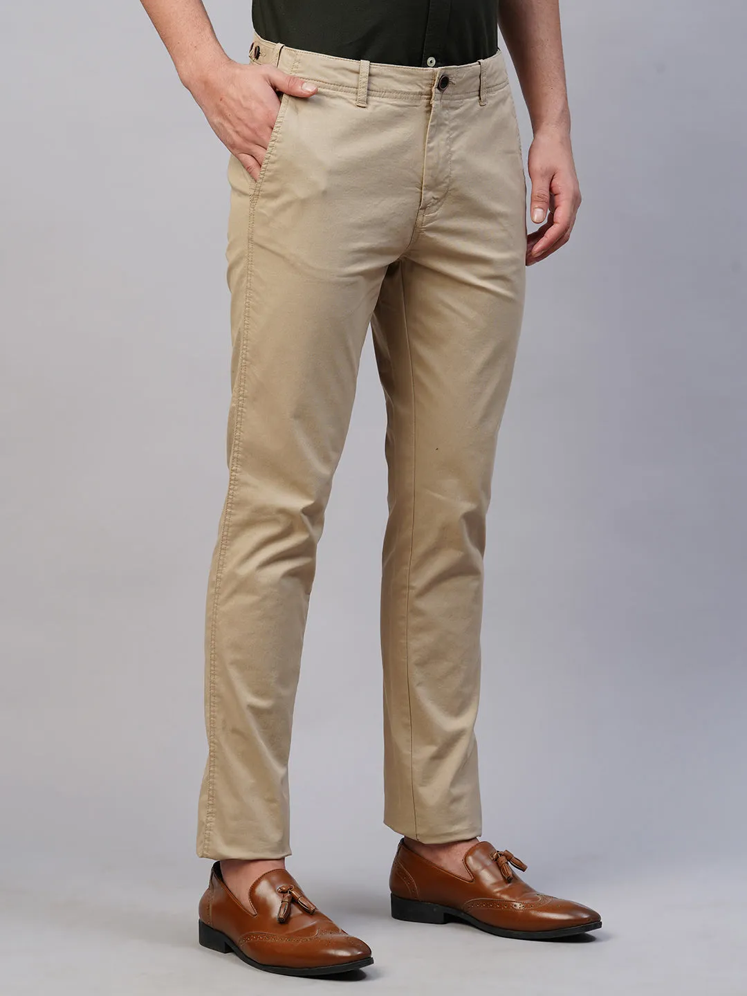 Men's Khaki Cotton Lycra Slim Fit Pant