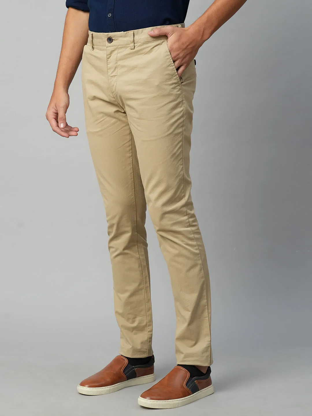 Men's Khaki Cotton Lycra Slim Fit Pant