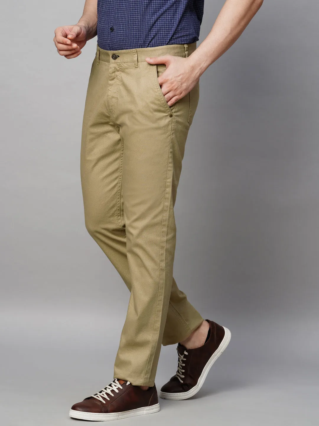 Men's Khaki Cotton Lycra Slim Fit Pant