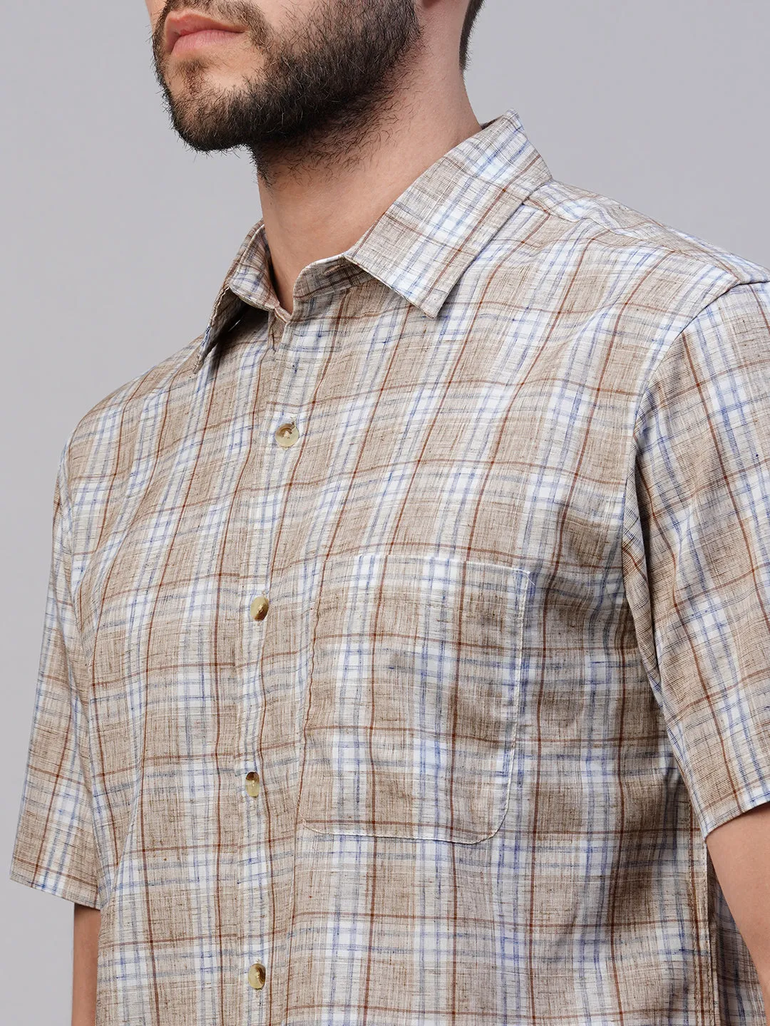 Men's Khaki Cotton Lyocell Regular Fit Checked Shirt