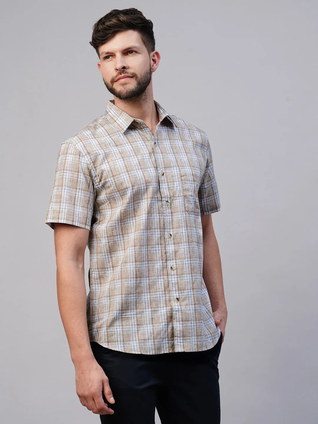 Men's Khaki Cotton Lyocell Regular Fit Checked Shirt