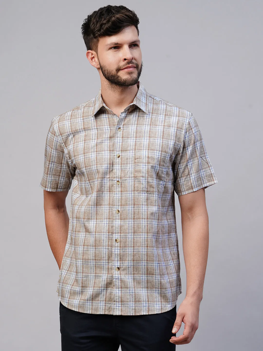 Men's Khaki Cotton Lyocell Regular Fit Checked Shirt