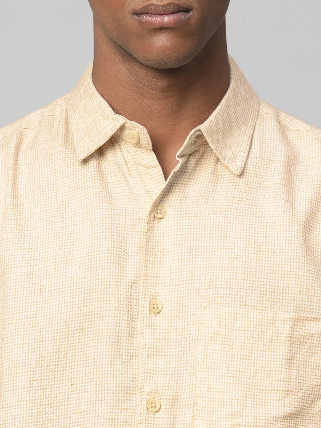 Men's Khaki Cotton Regular Fit Checked Shirt