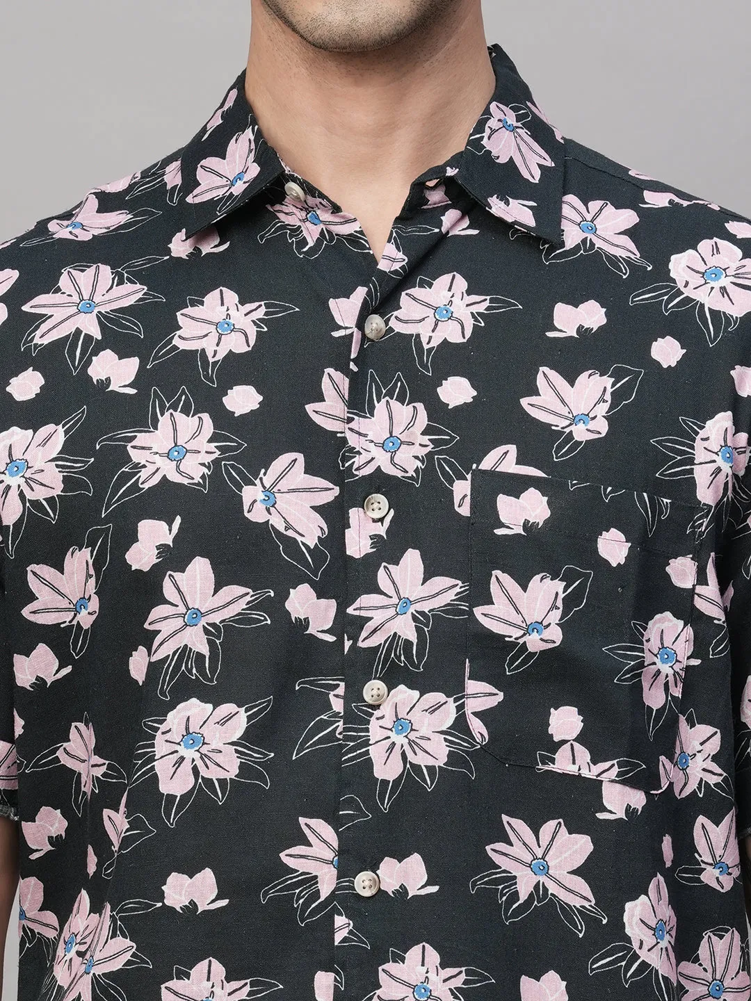 Men's Linen Blend Regular Fit Short Sleeve Printed Shirt