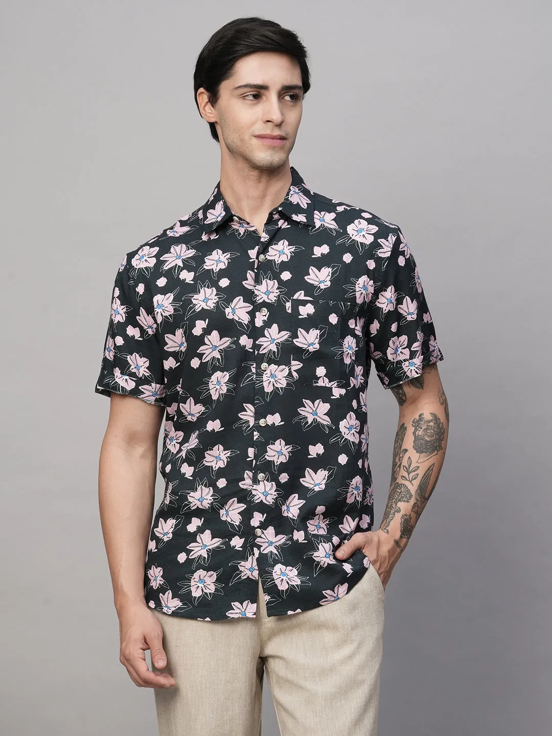 Men's Linen Blend Regular Fit Short Sleeve Printed Shirt