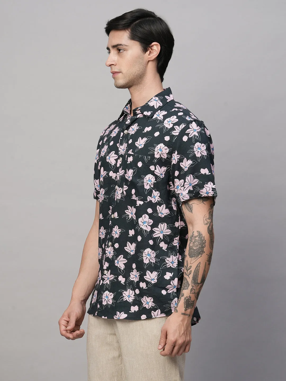 Men's Linen Blend Regular Fit Short Sleeve Printed Shirt