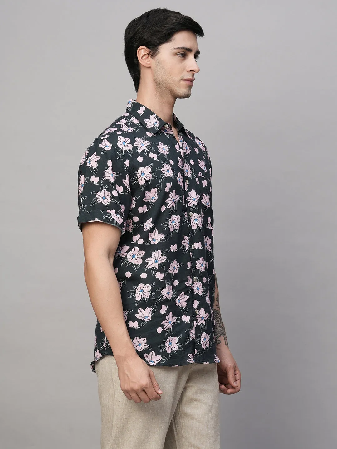 Men's Linen Blend Regular Fit Short Sleeve Printed Shirt