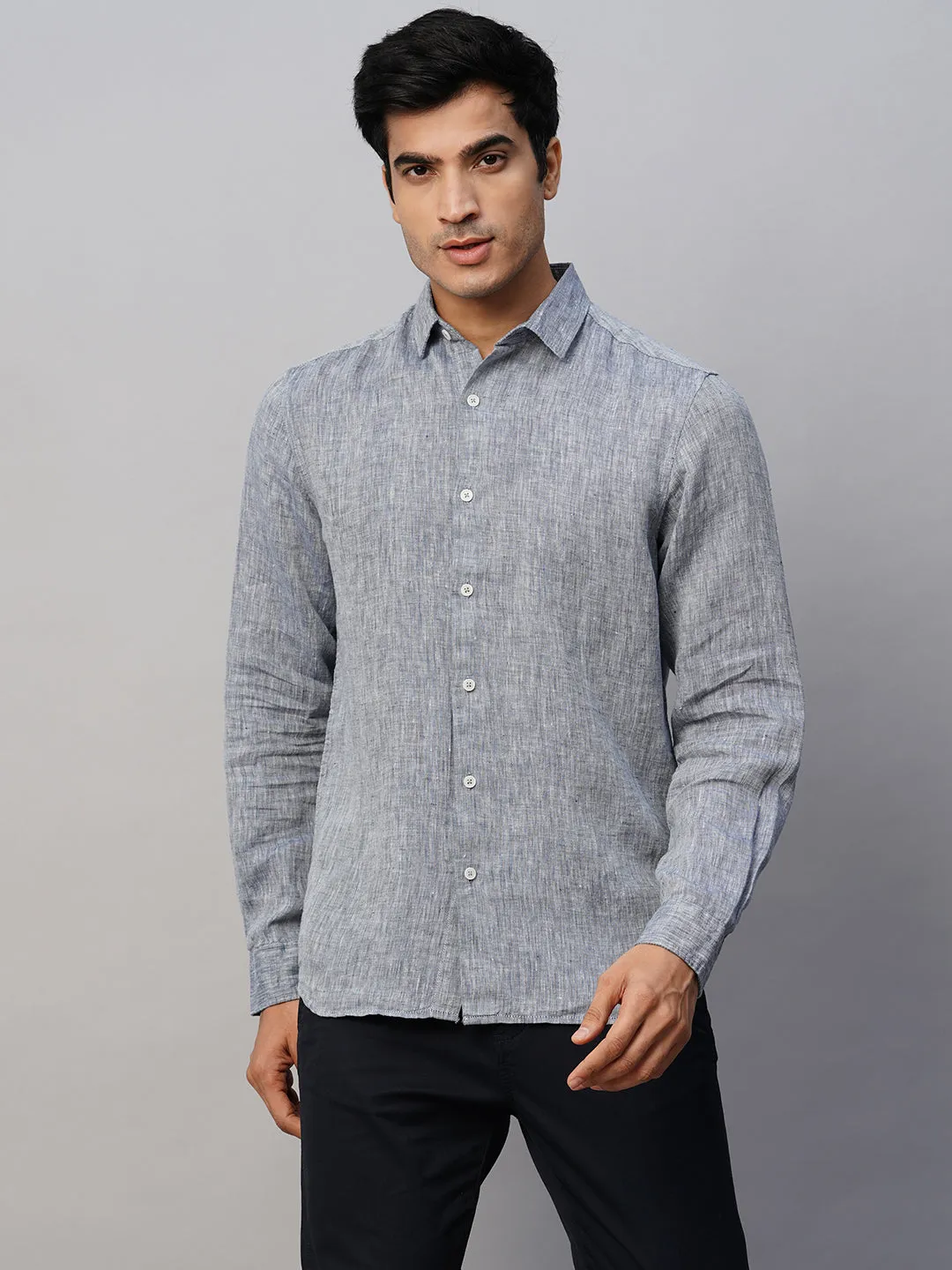 Men's Navy 100% Linen Slim Fit Long Sleeved Shirt