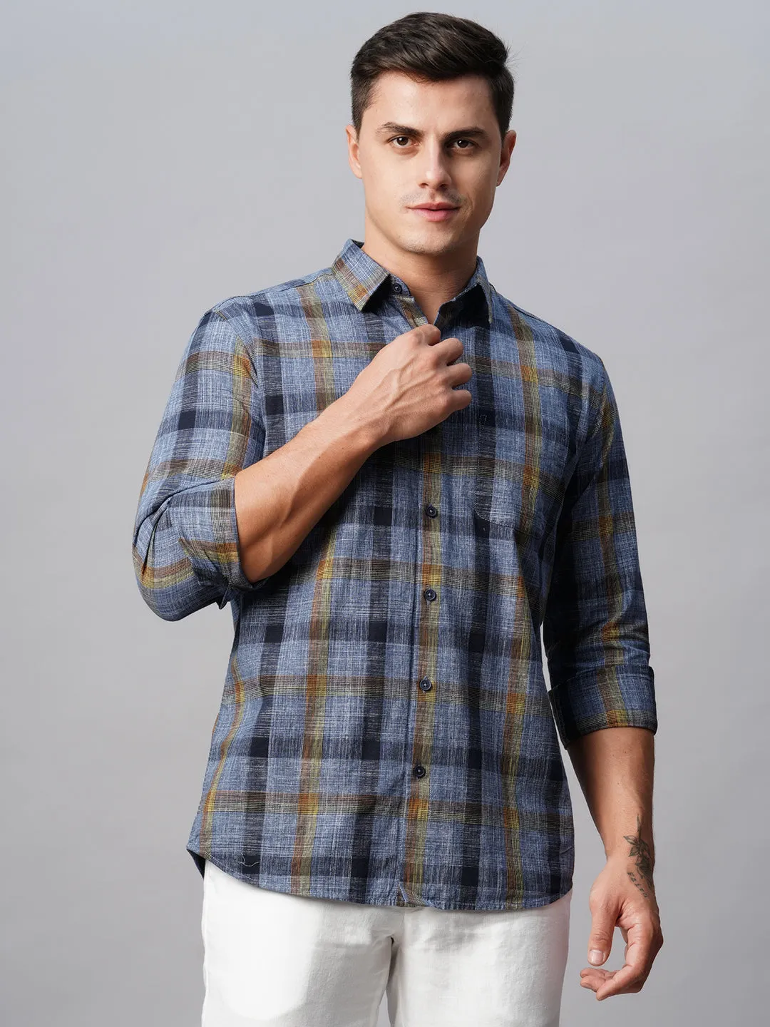 Men's Navy Cotton Regular Fit Checked Shirt