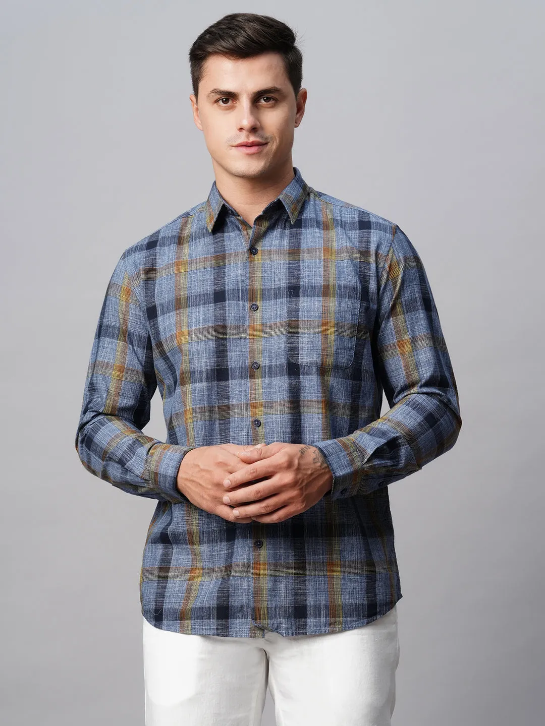 Men's Navy Cotton Regular Fit Checked Shirt