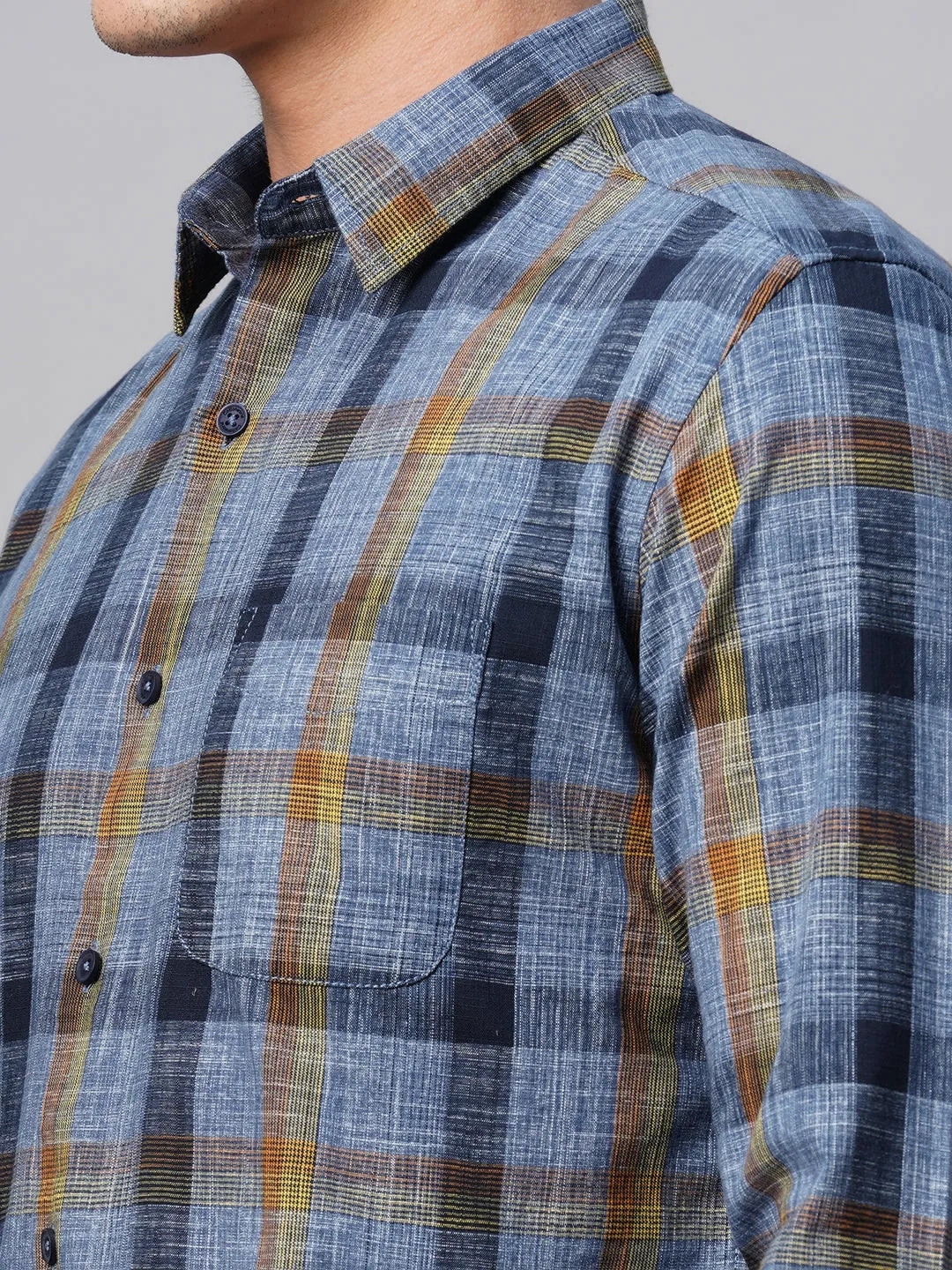 Men's Navy Cotton Regular Fit Checked Shirt