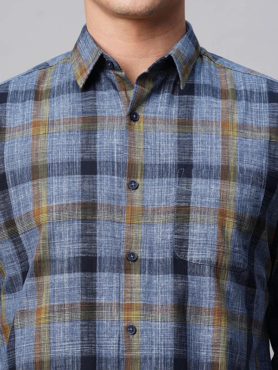 Men's Navy Cotton Regular Fit Checked Shirt