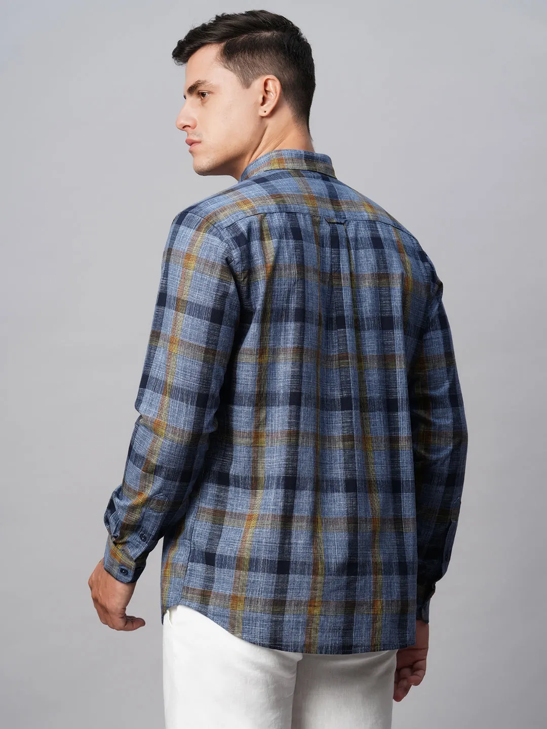 Men's Navy Cotton Regular Fit Checked Shirt