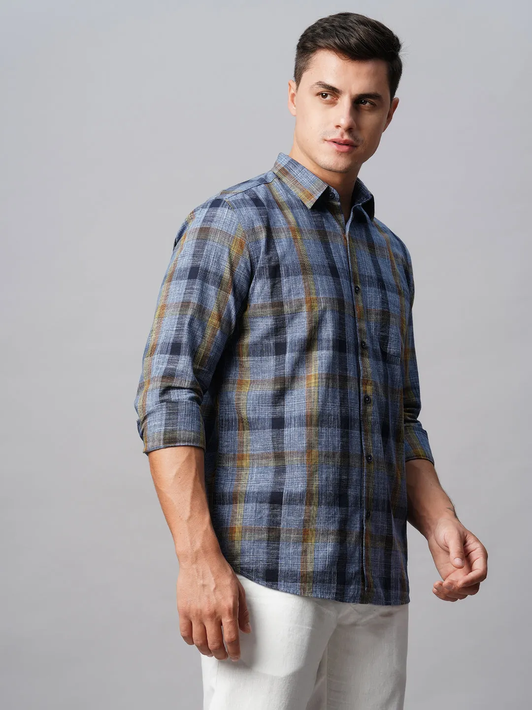 Men's Navy Cotton Regular Fit Checked Shirt