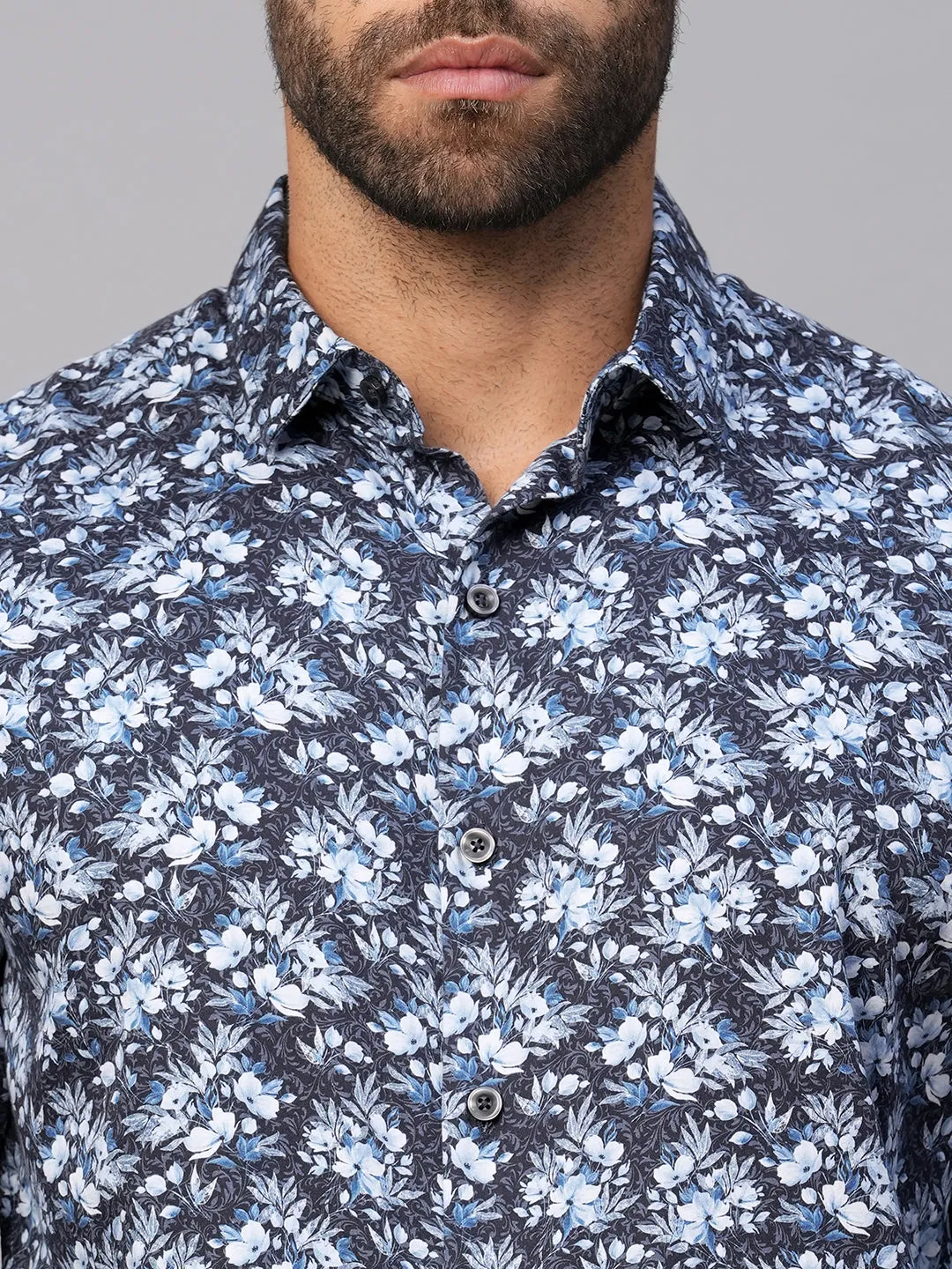 Men's Navy Cotton Slim Fit Printed Shirt