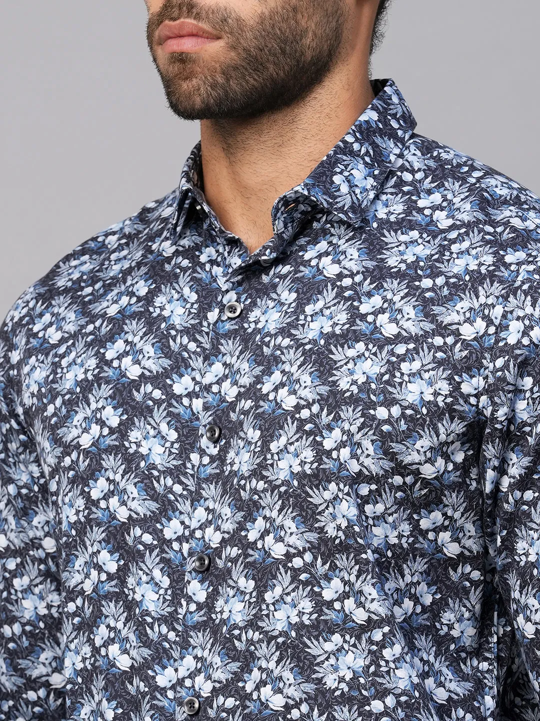 Men's Navy Cotton Slim Fit Printed Shirt