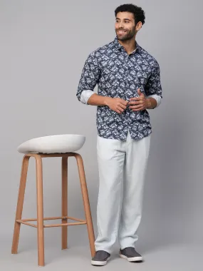 Men's Navy Cotton Slim Fit Printed Shirt