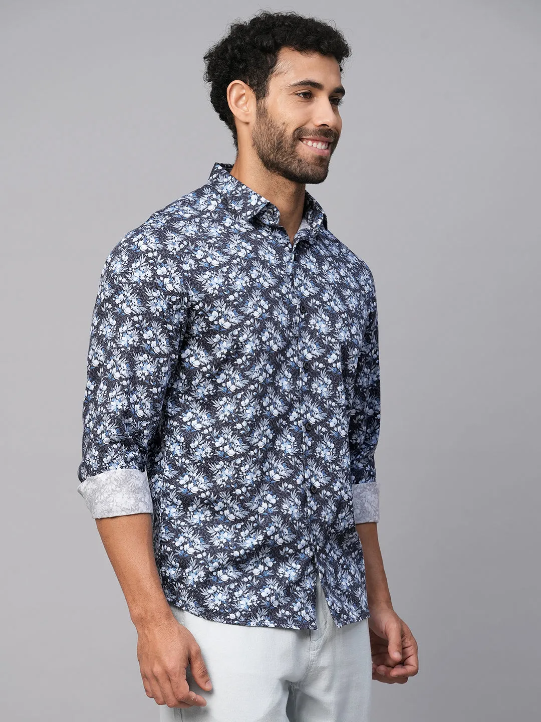 Men's Navy Cotton Slim Fit Printed Shirt