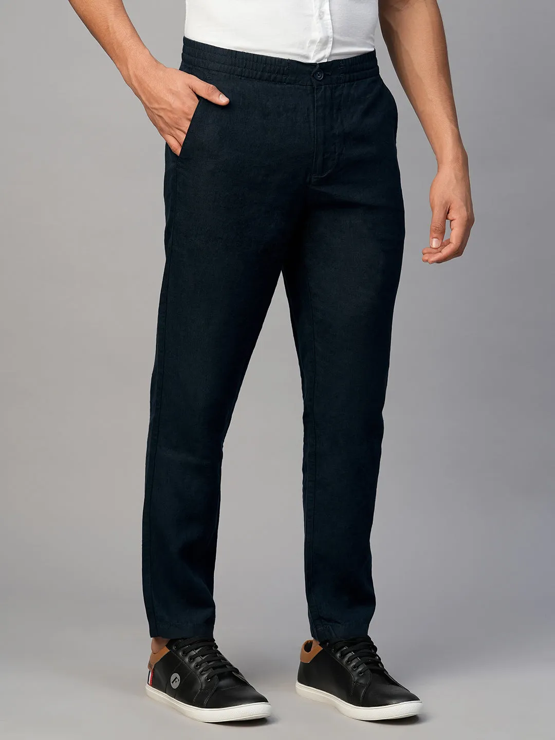 Men's Navy Linen Regular Fit Pant