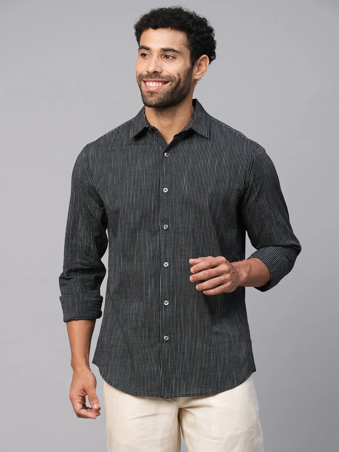 Men's Navy/White Cotton Slim Fit Striped Shirt