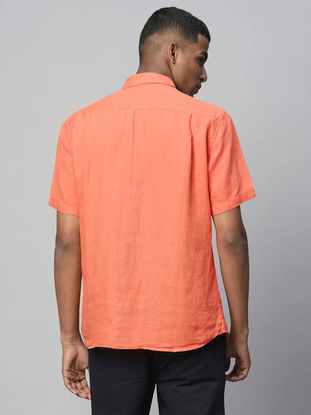 Men's Orange 100% Linen Regular Fit Short Sleeved Shirt