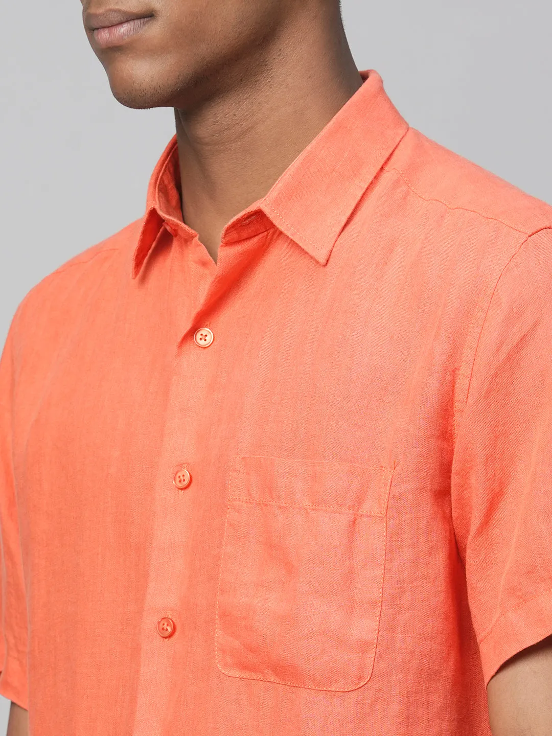 Men's Orange 100% Linen Regular Fit Short Sleeved Shirt