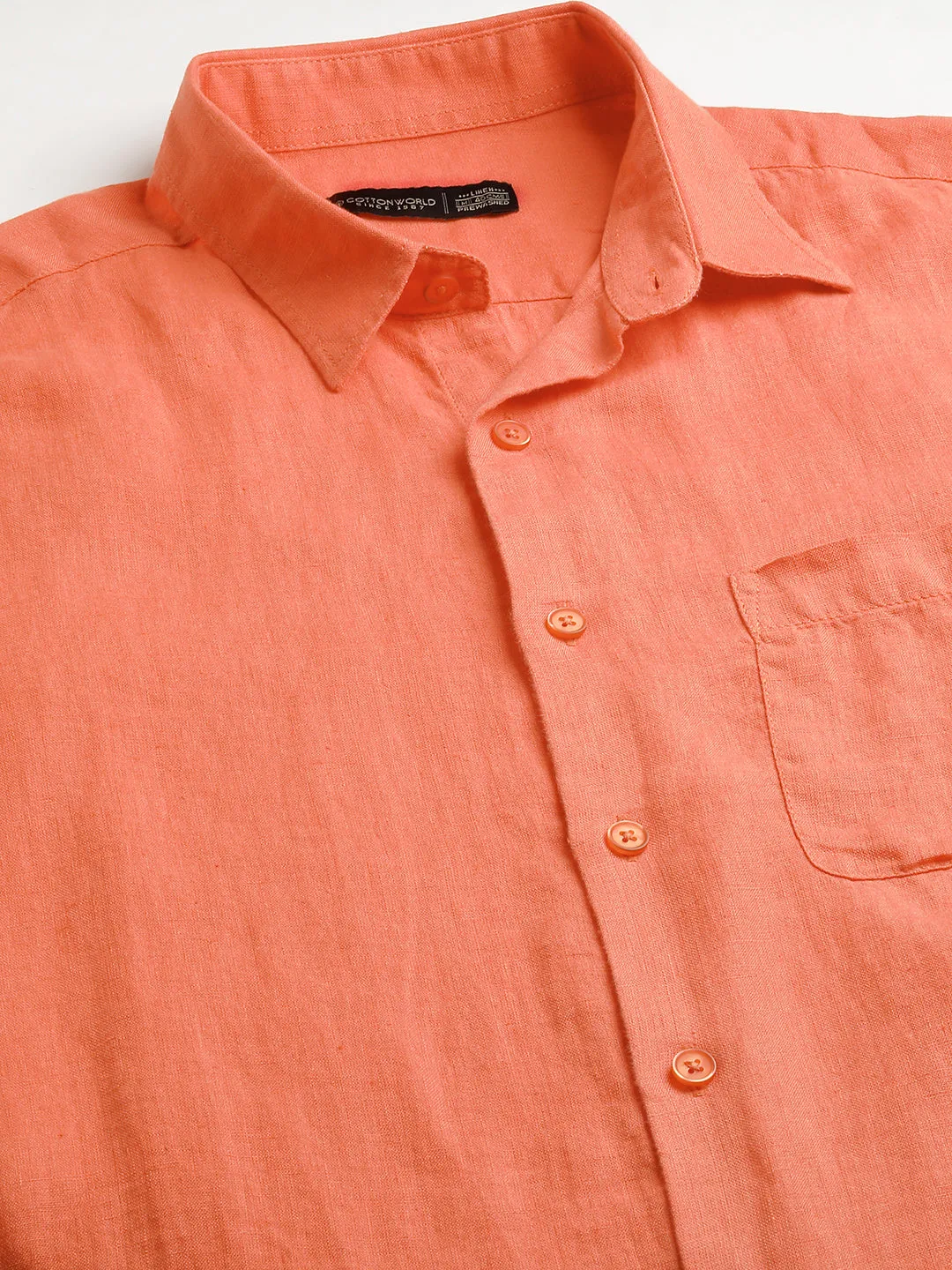 Men's Orange 100% Linen Regular Fit Short Sleeved Shirt